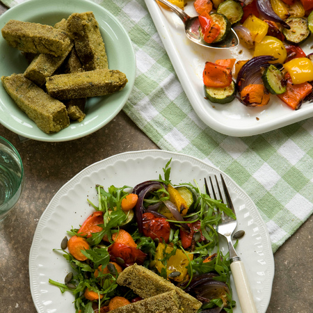 Roasted Vegetables with Hemp Polenta Chips